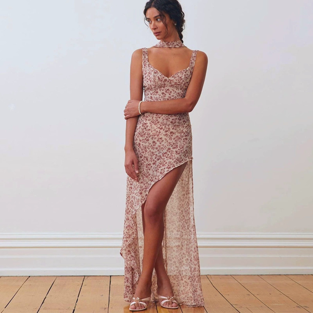 ZARA Womens Summer Sexy Floral Spaghetti Strap Backless Slit Tie Dress